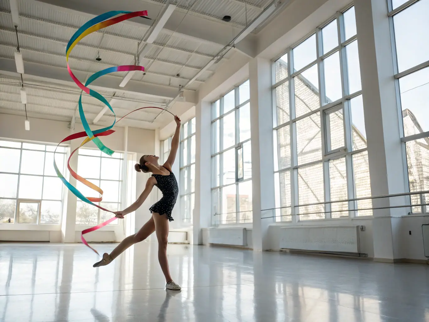 A young gymnast performing a floor routine with grace and precision, demonstrating the advanced skills and artistry developed in the intermediate program.