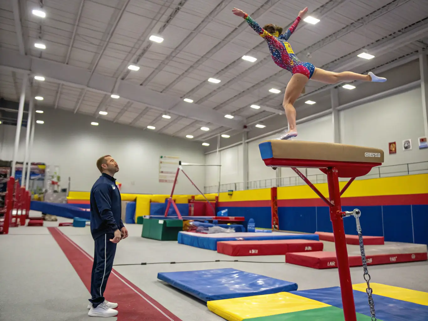 An advanced gymnast executing a challenging vault with power and control, highlighting the dedication and expertise required for the advanced program.