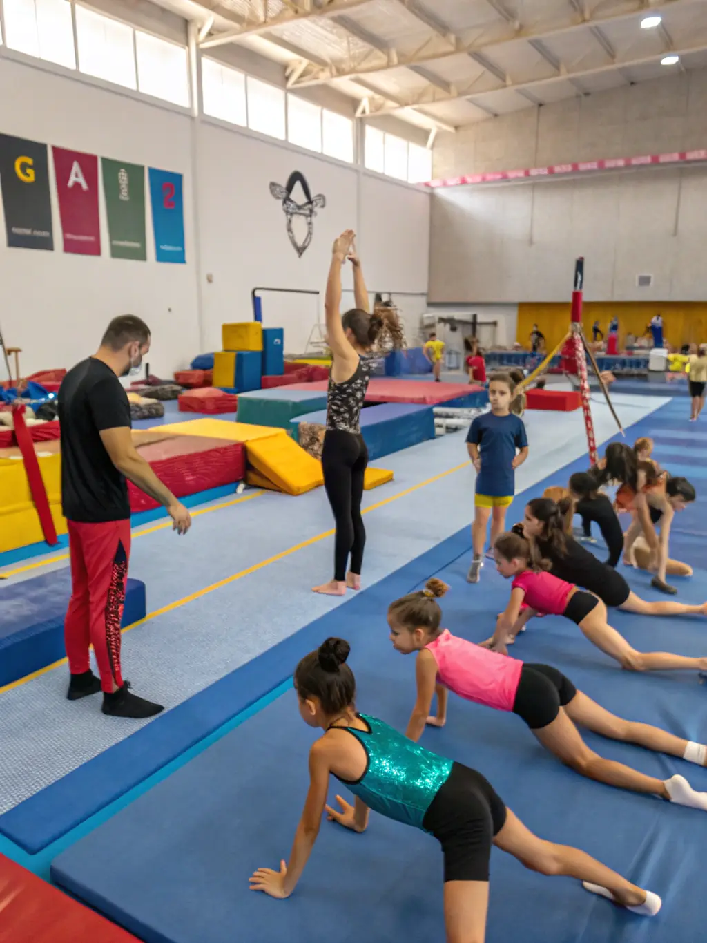A dynamic image of young gymnasts performing floor exercises, showcasing their flexibility and strength in a well-lit gymnasium.