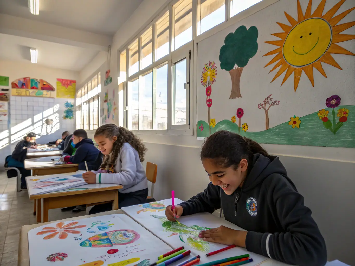 A dynamic shot of a Youth Educational Workshop, showing young participants actively engaged in an art project, with instructors guiding them and fostering creativity in a brightly lit classroom.