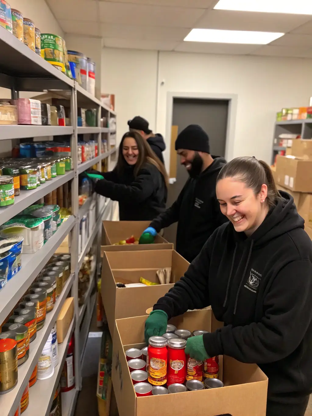 Volunteers preparing and distributing food packages to families in need, highlighting the food assistance programs of Toujours Dans La Joie.