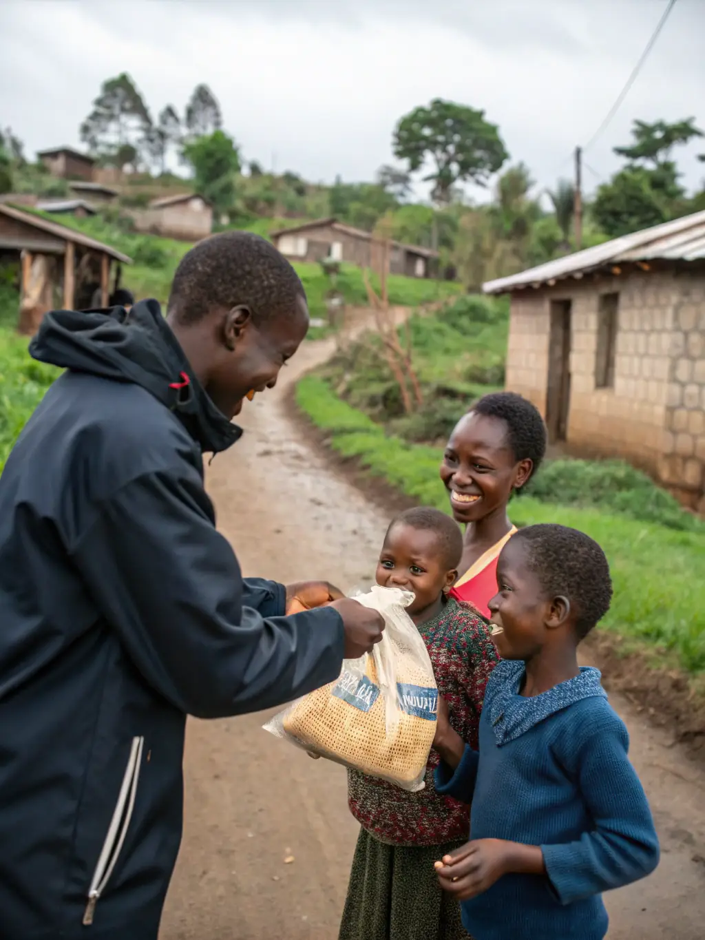 A heartwarming image of volunteers distributing food packages to families in need, demonstrating Toujours Dans La Joie's commitment to food assistance.