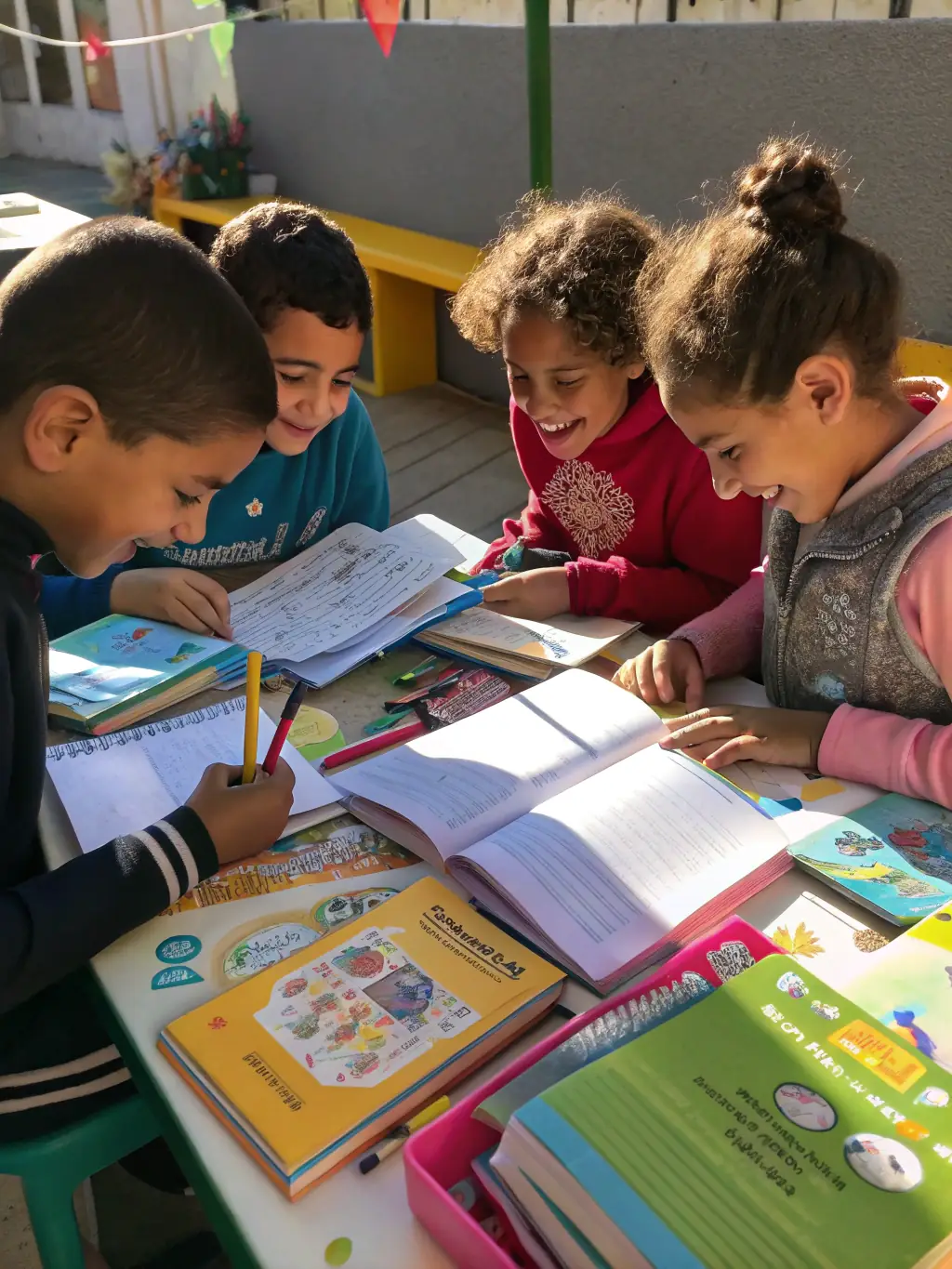 A photograph capturing the joy of children participating in an educational workshop organized by Toujours Dans La Joie, showcasing their engagement and learning.