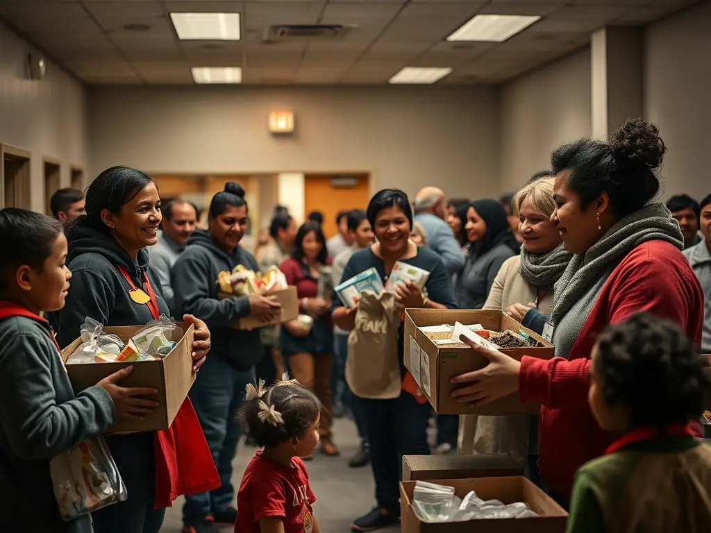 A vibrant photograph capturing the essence of the Food Assistance Drive 2022, showing volunteers distributing food packages to families in a community center, with smiles and gratitude visible on their faces.