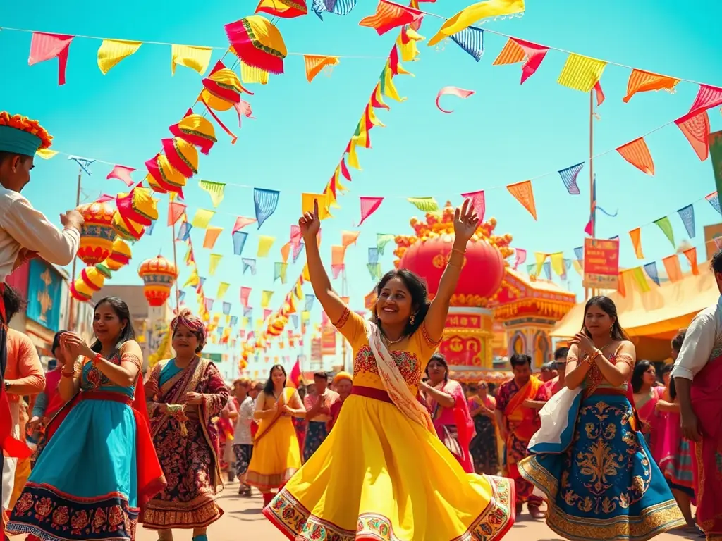 A colorful and lively image from the Cultural Exchange Festival 2023, featuring performers in traditional attire, art displays, and attendees engaging in workshops, all set in a festive outdoor environment.