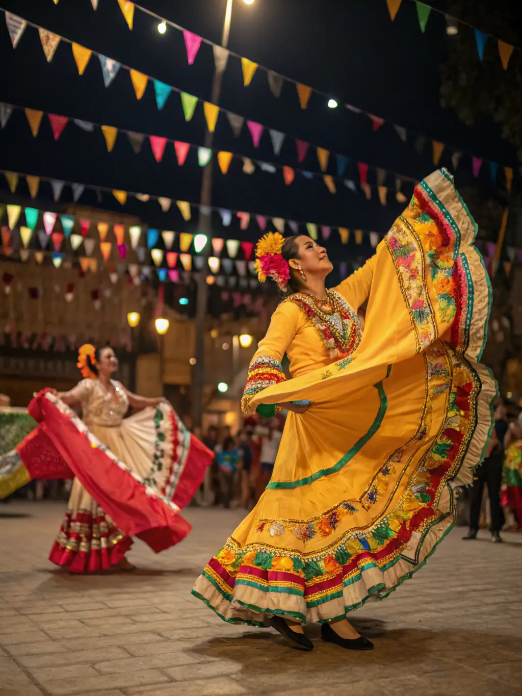 A lively scene from a cultural exchange festival, with people from different backgrounds interacting and celebrating diversity through music and dance.