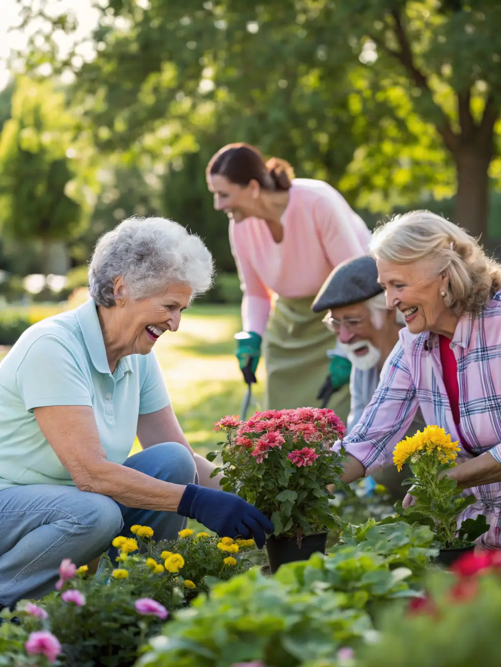 A group of senior citizens participating in a social activity, laughing and enjoying each other's company, representing the social programs of Toujours Dans La Joie.